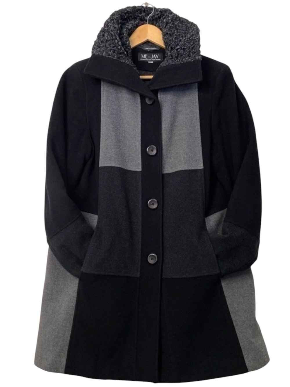 Vintage ME-JAY Made Canada Wool Cashmere Coat Black Gray Color Block Size 8